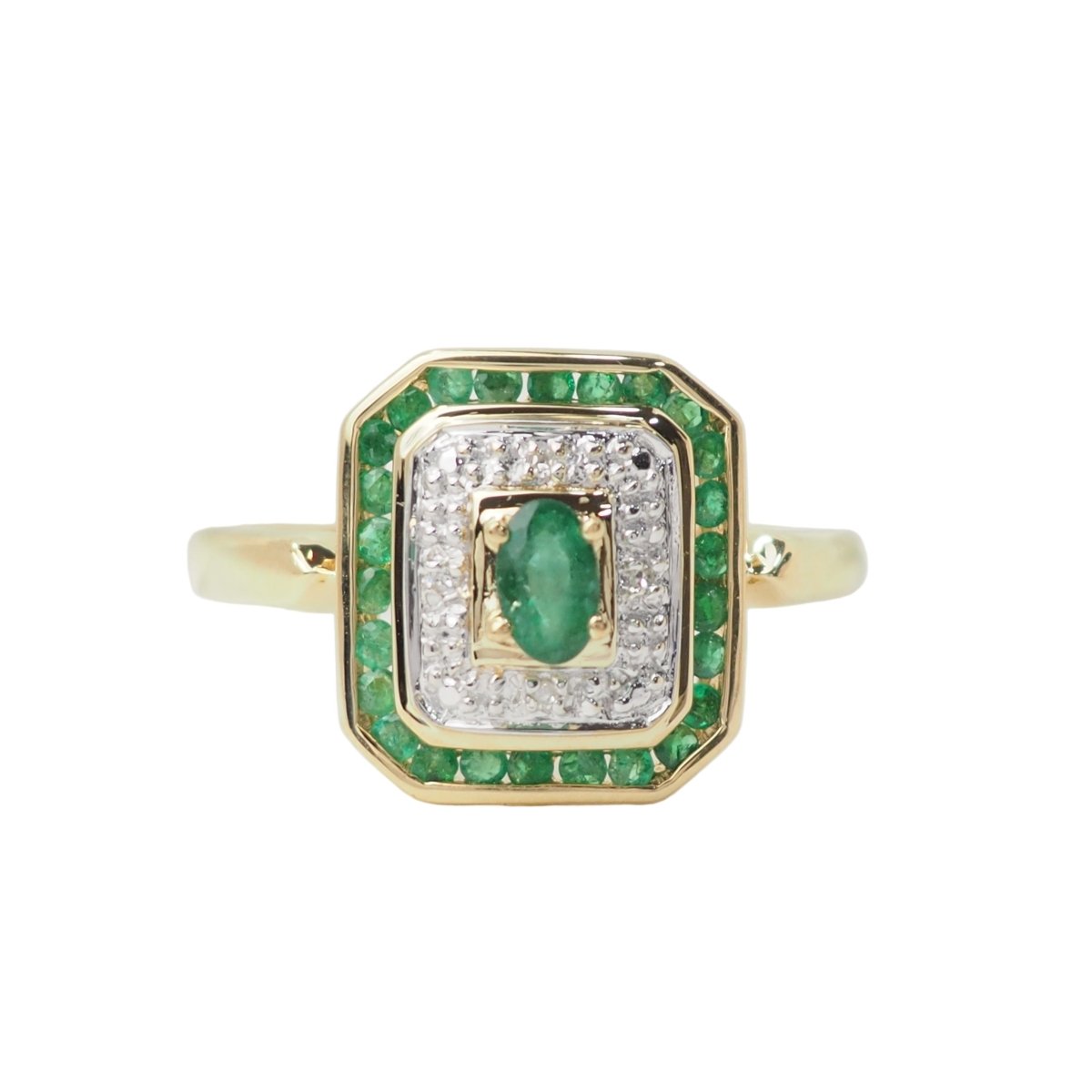 Bague Cocktail en or jaune, émeraude, et diamants - Castafiore