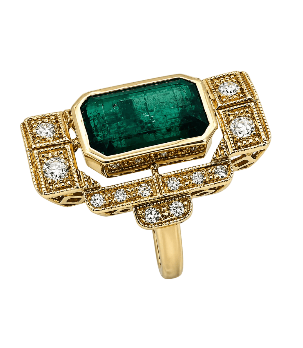 Bague Cocktail en or jaune, émeraude et diamants - Castafiore