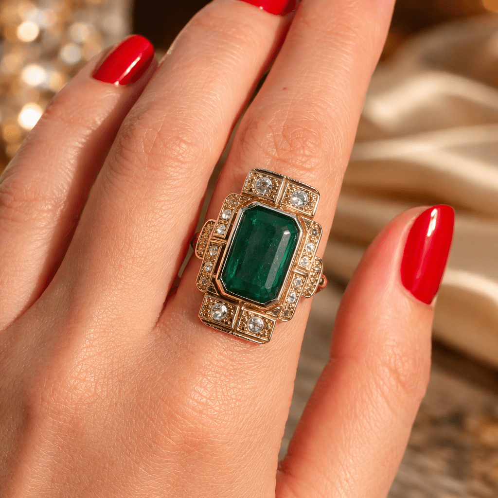 Bague Cocktail en or jaune, émeraude et diamants - Castafiore