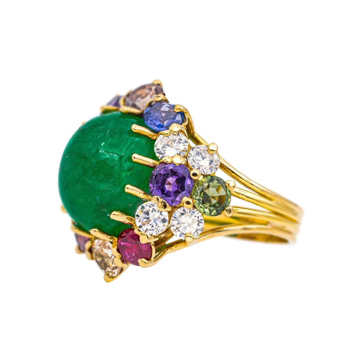Bague Cocktail en or jaune, émeraude, saphirs, rubis, topazes et diamants - Castafiore