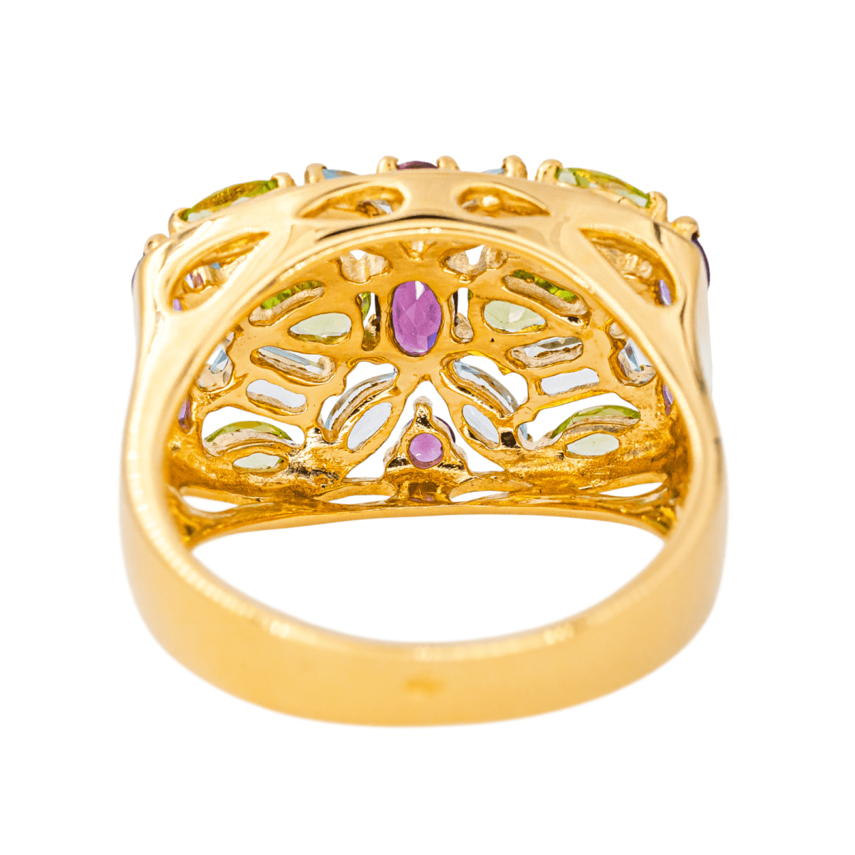 Bague Cocktail en or jaune, grenat, aigue - marines, péridots et améthystes - Castafiore