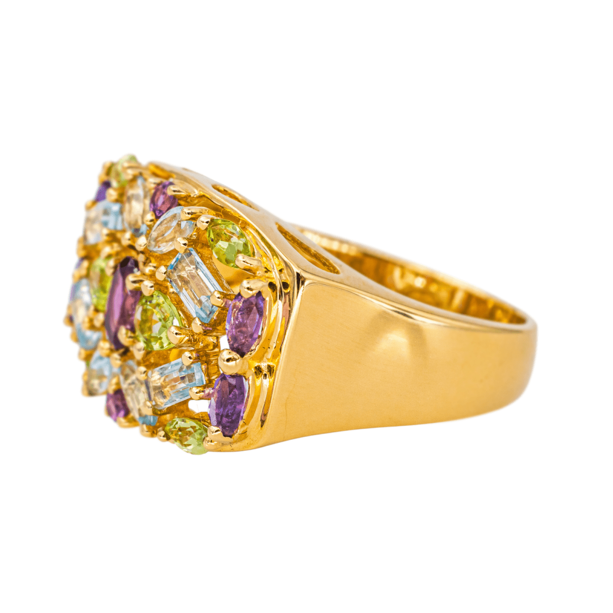Bague Cocktail en or jaune, grenat, aigue - marines, péridots et améthystes - Castafiore