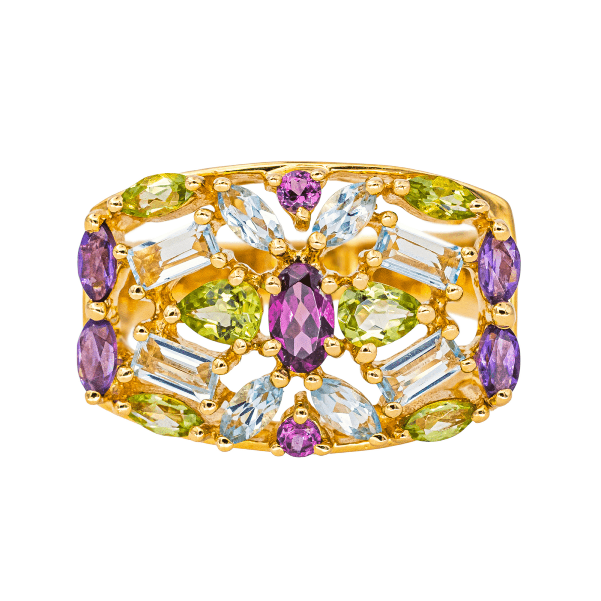 Bague Cocktail en or jaune, grenat, aigue - marines, péridots et améthystes - Castafiore