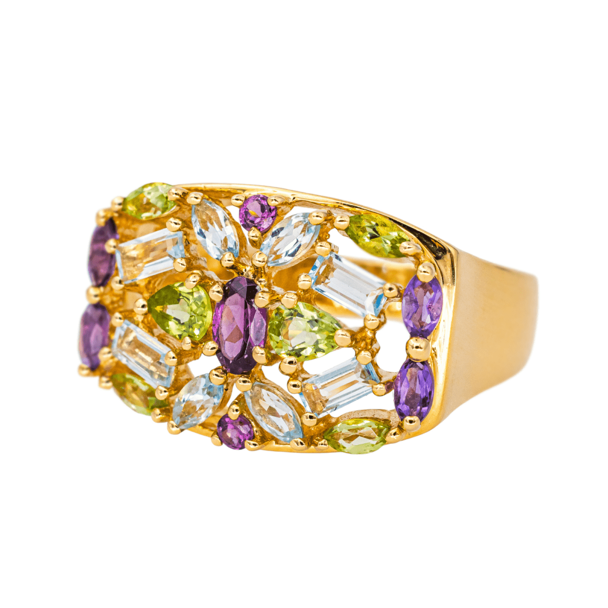 Bague Cocktail en or jaune, grenat, aigue - marines, péridots et améthystes - Castafiore