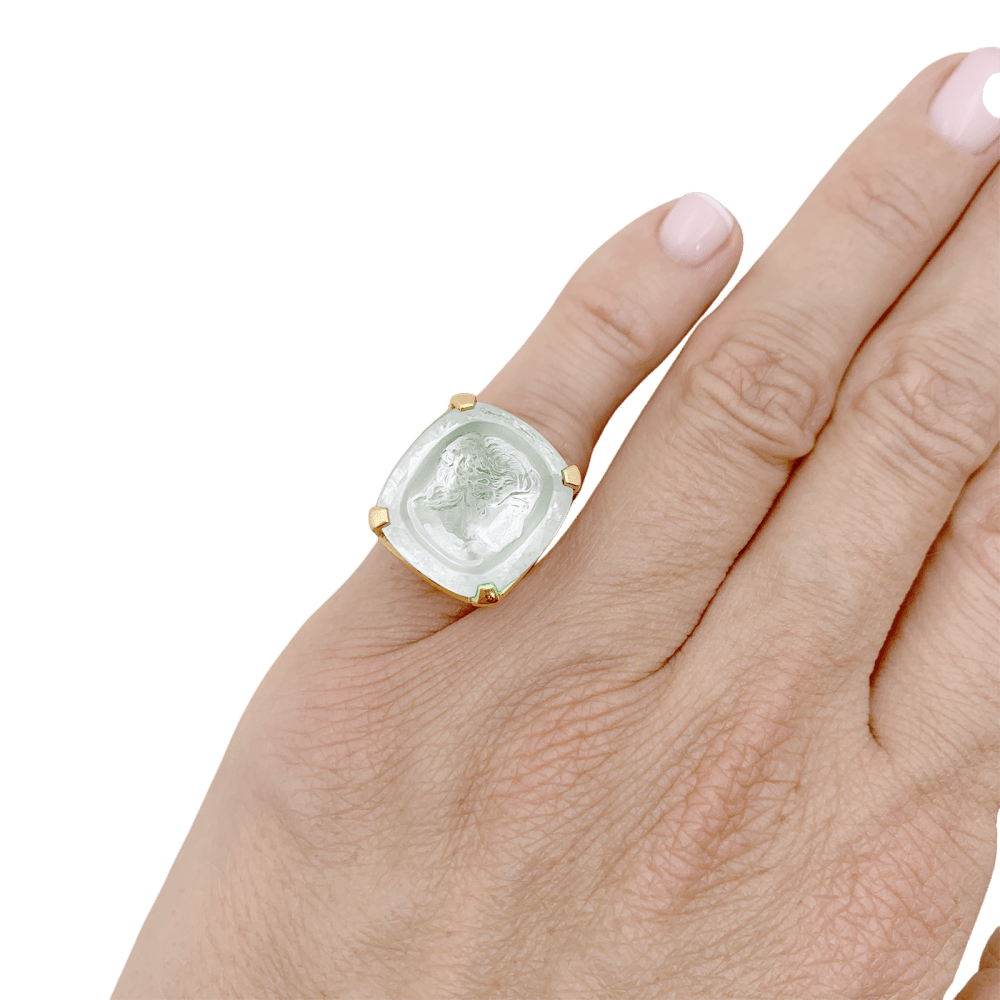 Bague Cocktail en or jaune, intaille et aigue - marine - Castafiore