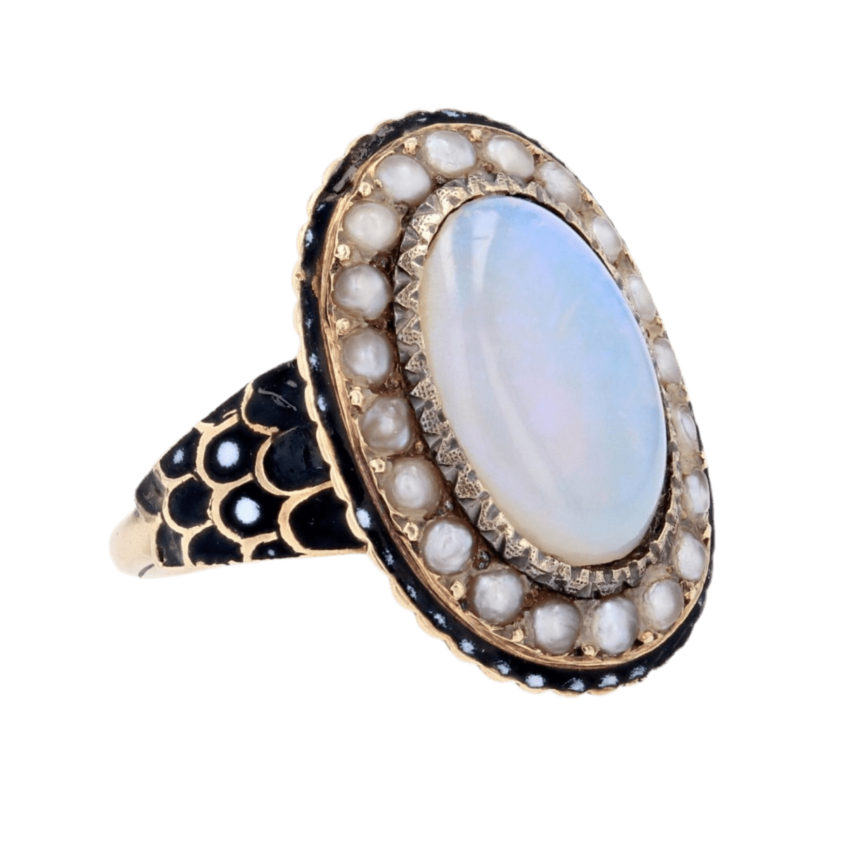 Bague Cocktail en or jaune, opale, perles et émail - Castafiore