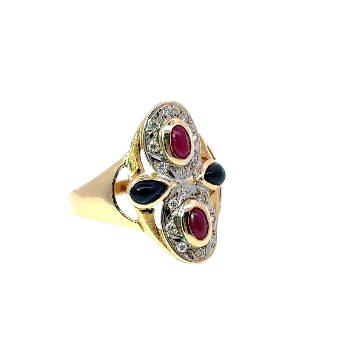 Bague Cocktail en or jaune, or blanc, rubis, saphirs et diamants - Castafiore