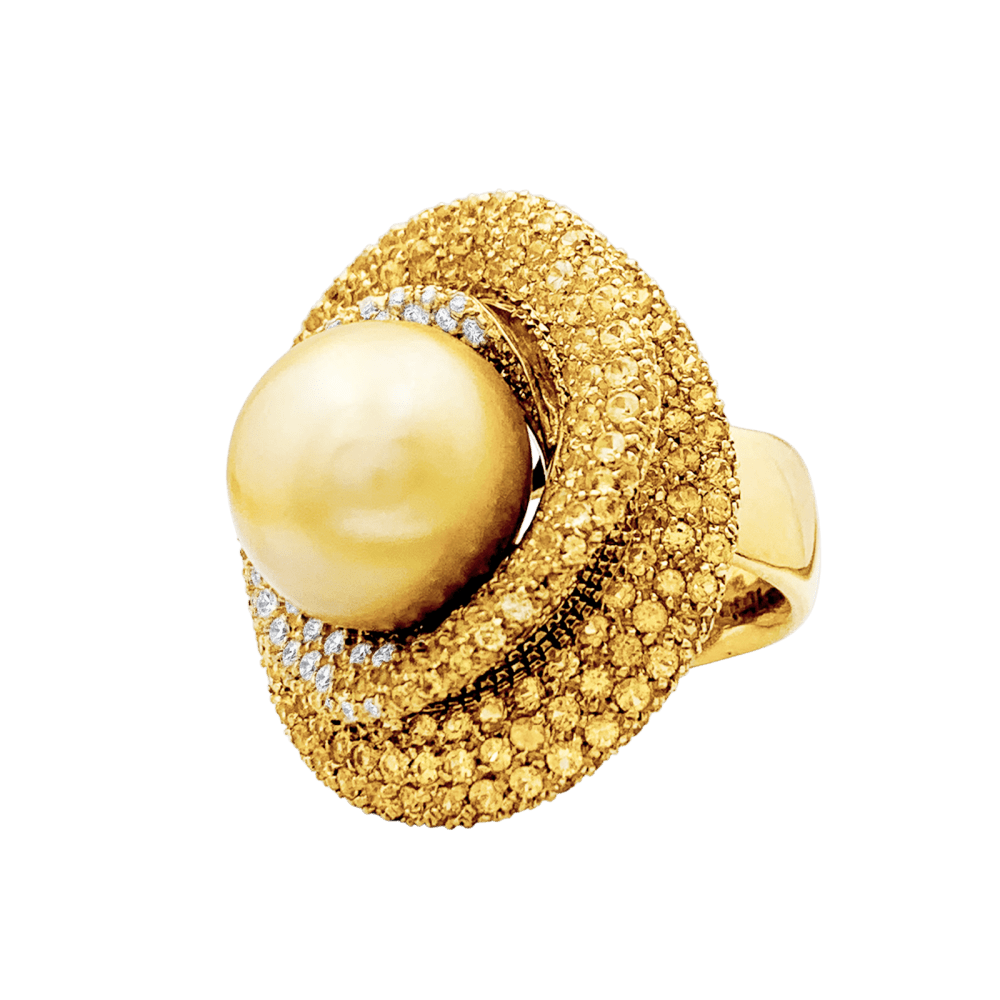 Bague Cocktail en or jaune, perle, saphirs et diamants - Castafiore