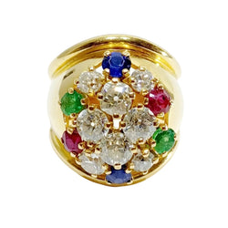 Bague Cocktail en or jaune, rubis, émeraudes, saphirs et diamants - Castafiore