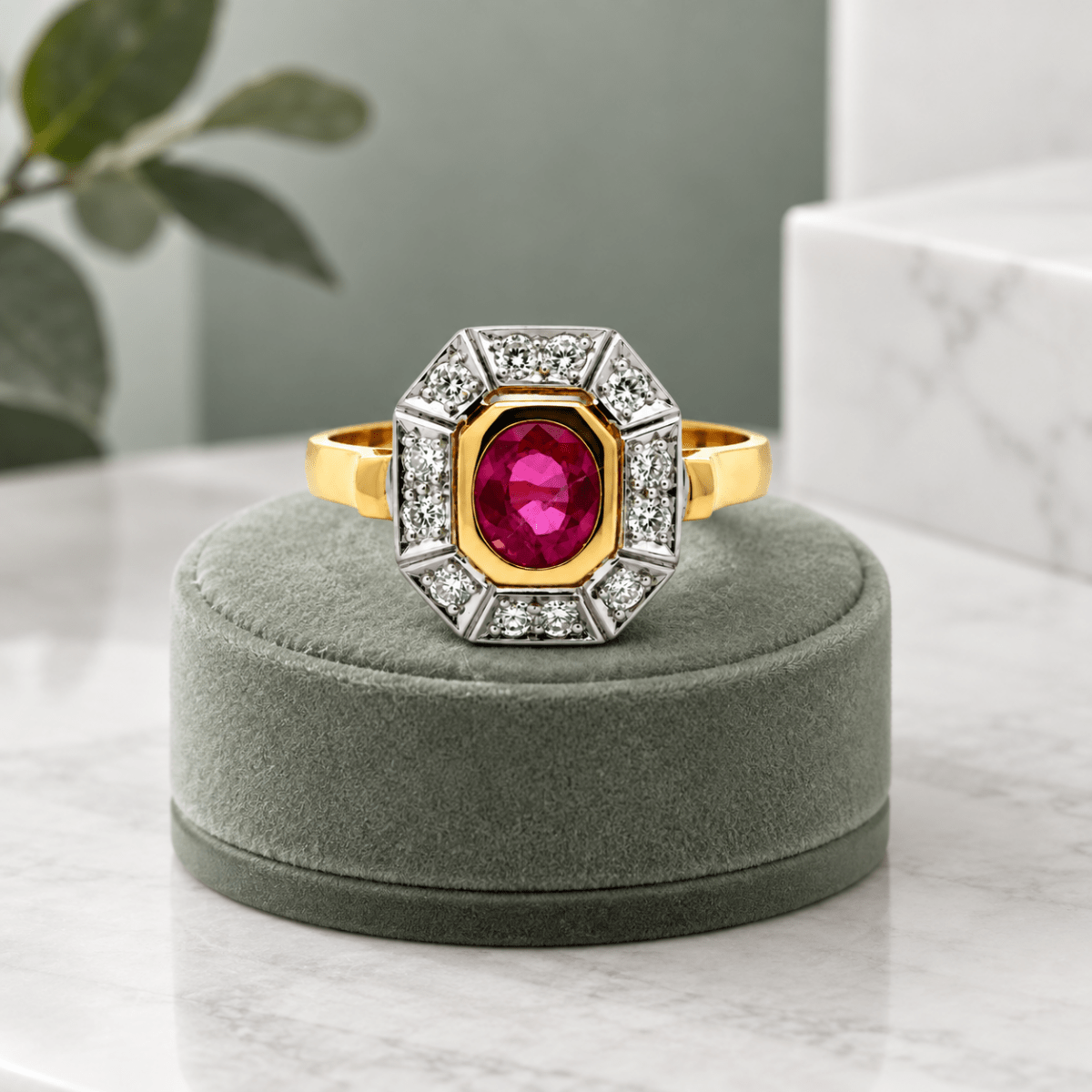Bague Cocktail en or jaune, rubis et diamants - Castafiore