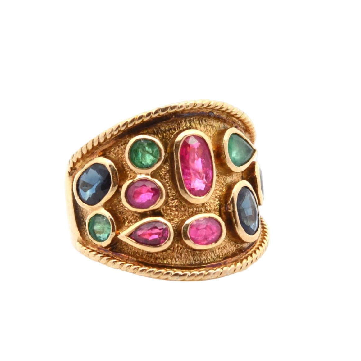 Bague Cocktail en or jaune, saphirs, rubis, et émeraudes - Castafiore