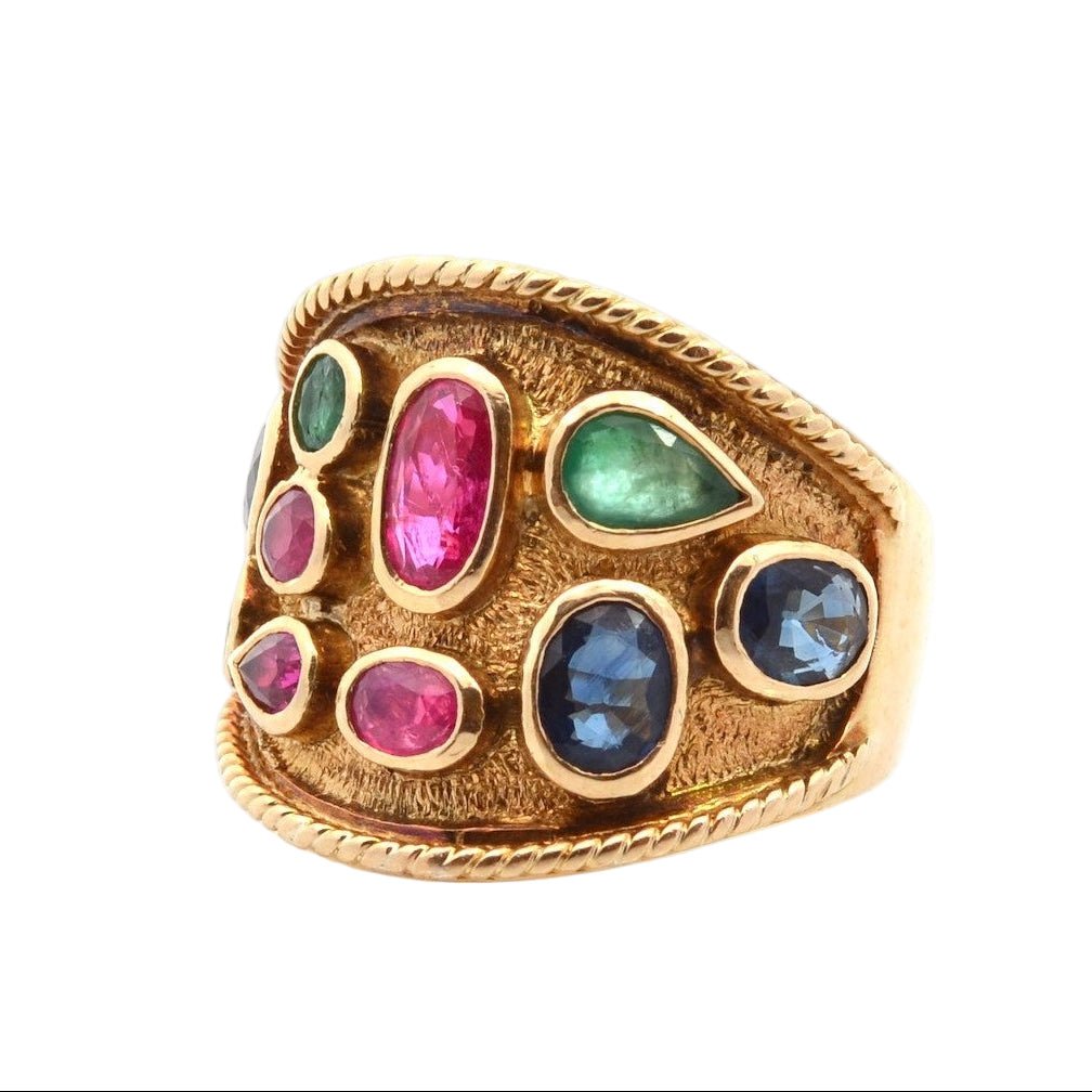 Bague Cocktail en or jaune, saphirs, rubis, et émeraudes - Castafiore