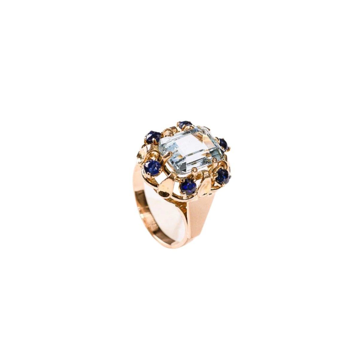 Bague Cocktail en or rose, aigue - marine et saphirs - Castafiore