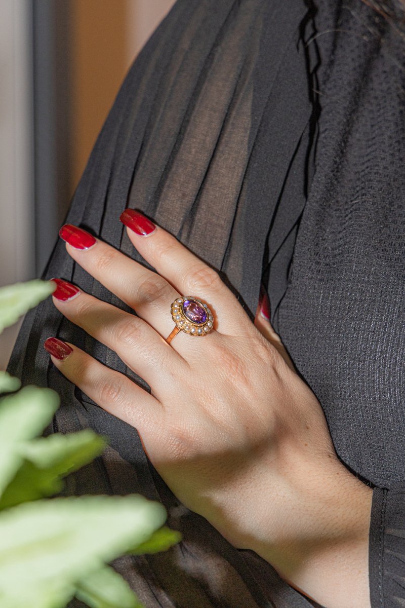 Bague Cocktail en or rose, améthyste et perle - Castafiore