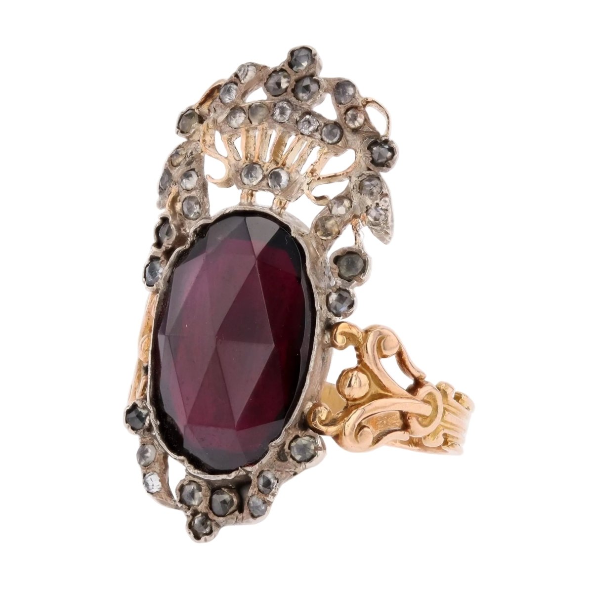 Ring antique rose-cut garnet garden diamonds