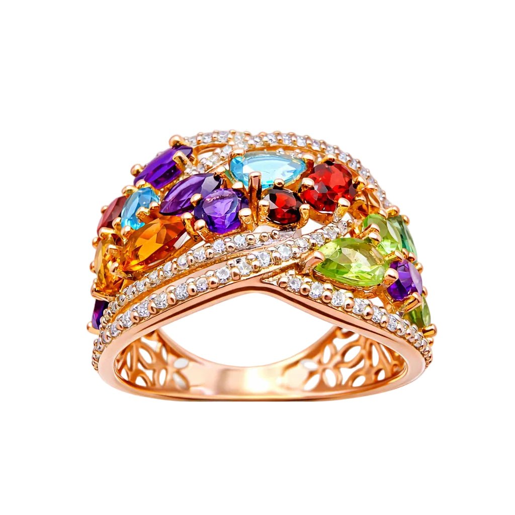Bague Cocktail en or rose, topazes, grenats, péridots, améthystes et diamants - Castafiore