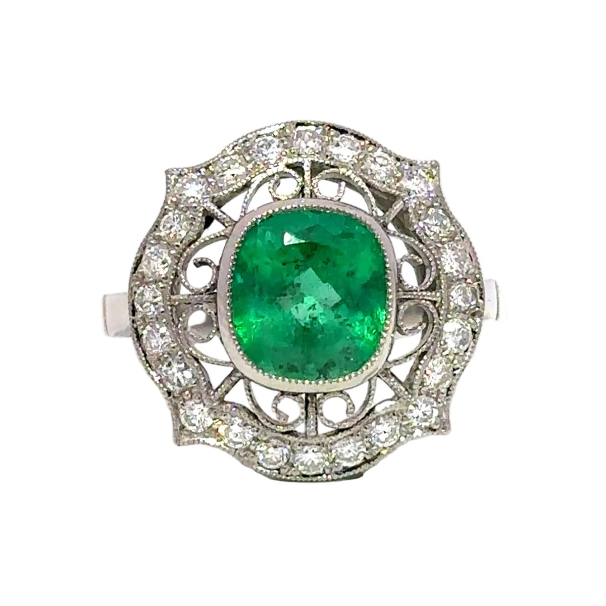 Bague Cocktail en platine, émeraude et diamants - Castafiore