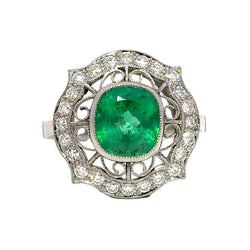 Bague Cocktail en platine, émeraude et diamants - Castafiore
