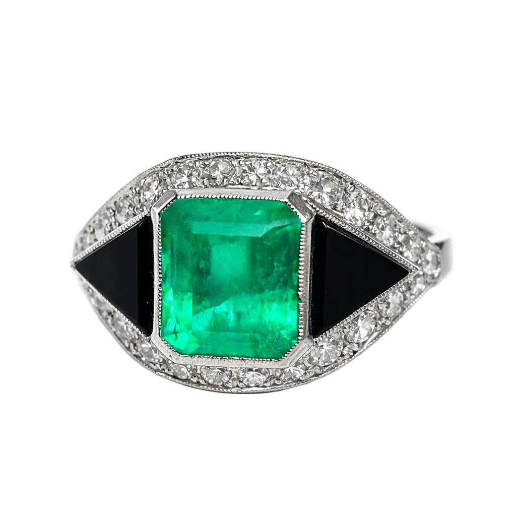 Bague Cocktail en platine, onyx, émeraude et diamants - Castafiore