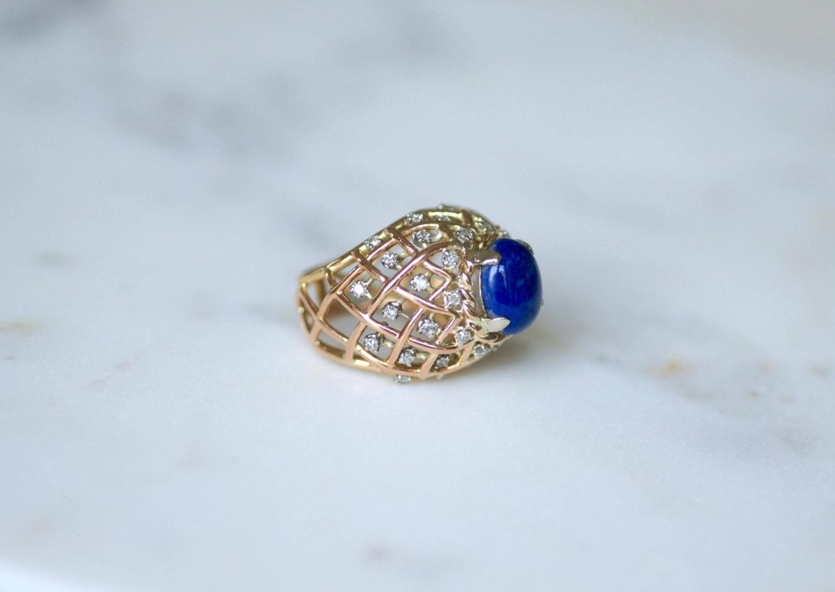 Bague Cocktail Lapis Lazuli et Diamants Or Jaune - Castafiore