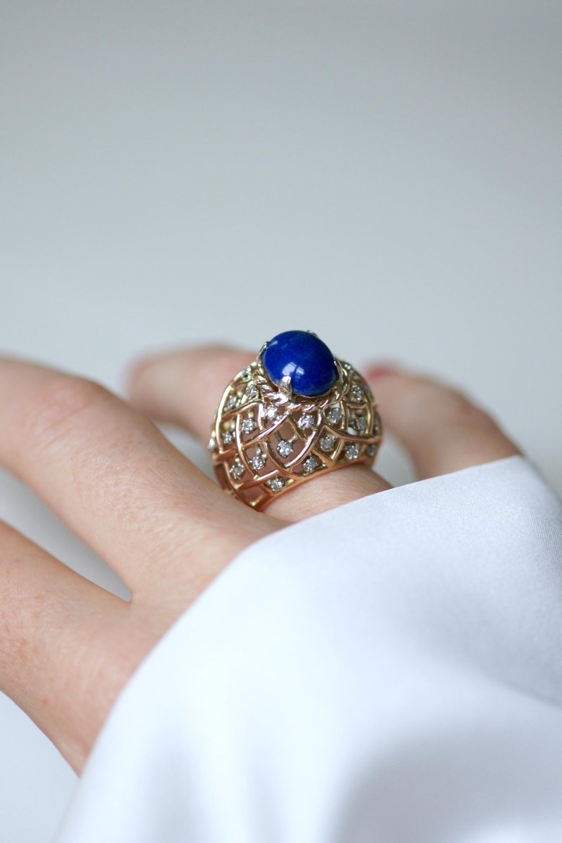 Bague Cocktail Lapis Lazuli et Diamants Or Jaune - Castafiore