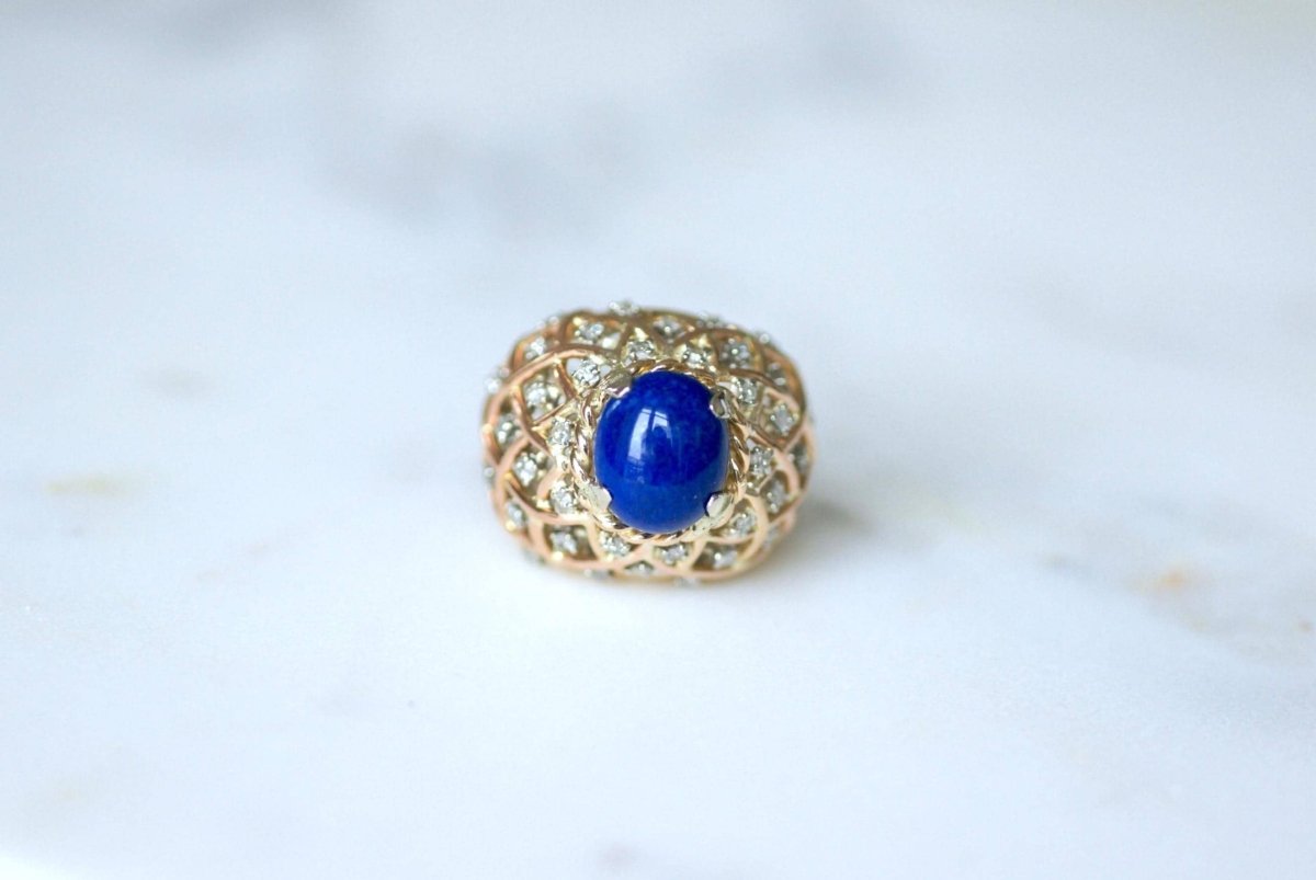 Bague Cocktail Lapis Lazuli et Diamants Or Jaune - Castafiore