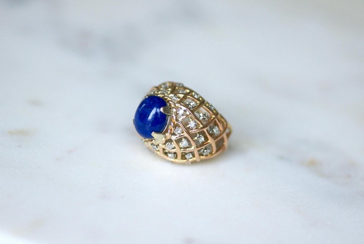 Bague Cocktail Lapis Lazuli et Diamants Or Jaune - Castafiore