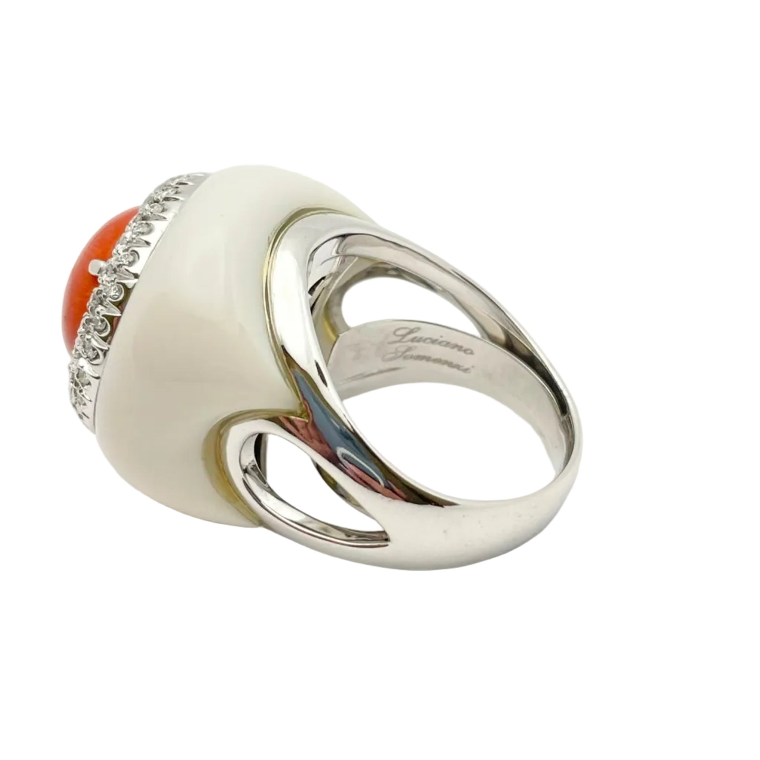 Bague Cocktail LUCIANO SOMENZI en or blanc, agate, corail et diamants - Castafiore