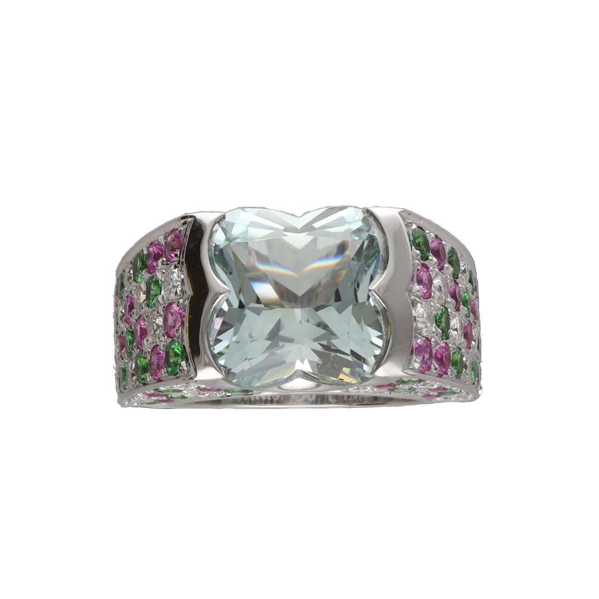 Bague Cocktail MAUBOUSSIN en or blanc, aigue - marine, émeraudes, rubis et diamants - Castafiore