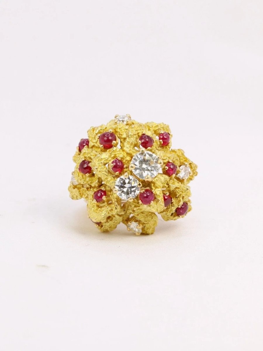 Bague cocktail or jaune diamants rubis - Castafiore