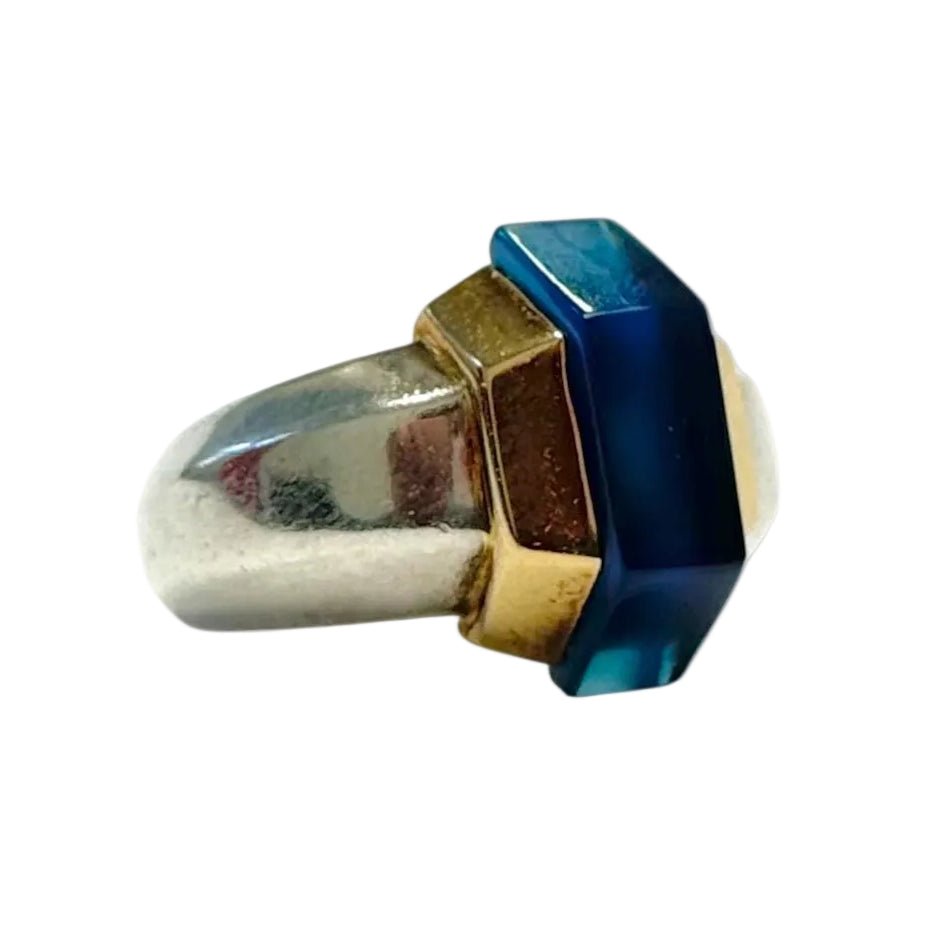 Bague Cocktail PUIFORCAT en or jaune, argent et verre bleu - Castafiore