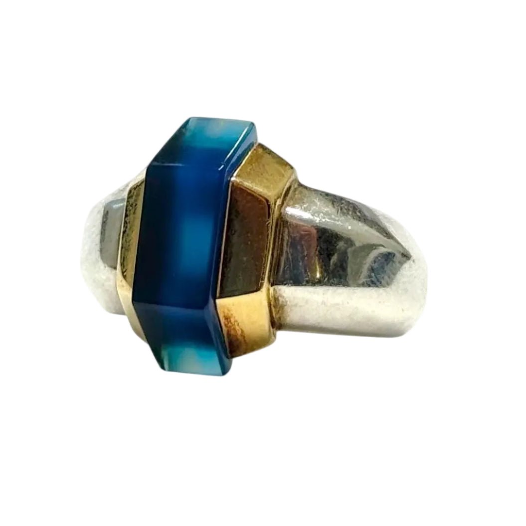 Bague Cocktail PUIFORCAT en or jaune, argent et verre bleu - Castafiore