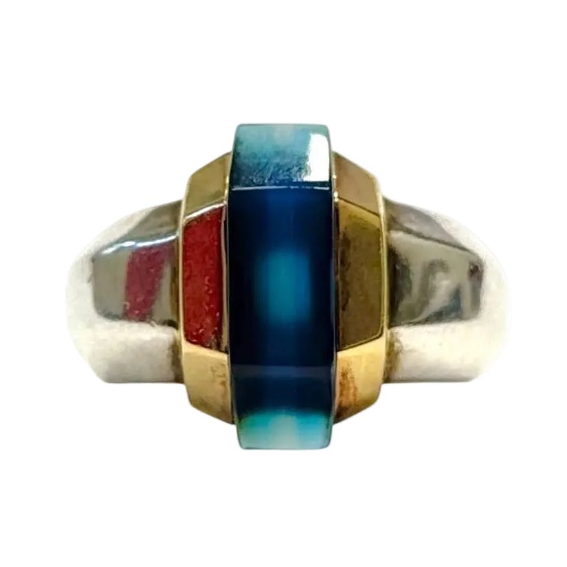 Bague Cocktail PUIFORCAT en or jaune, argent et verre bleu - Castafiore