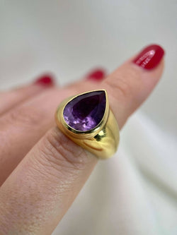 Bague cocktail vintage en or jaune et améthyste poire - Castafiore