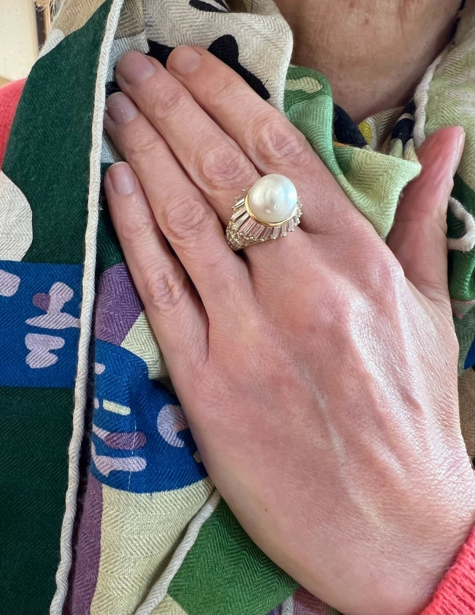 Bague Cocktail Vintage Perle 12 mm Diamants 2.30 Carats Or Jaune 18 Carats - Castafiore