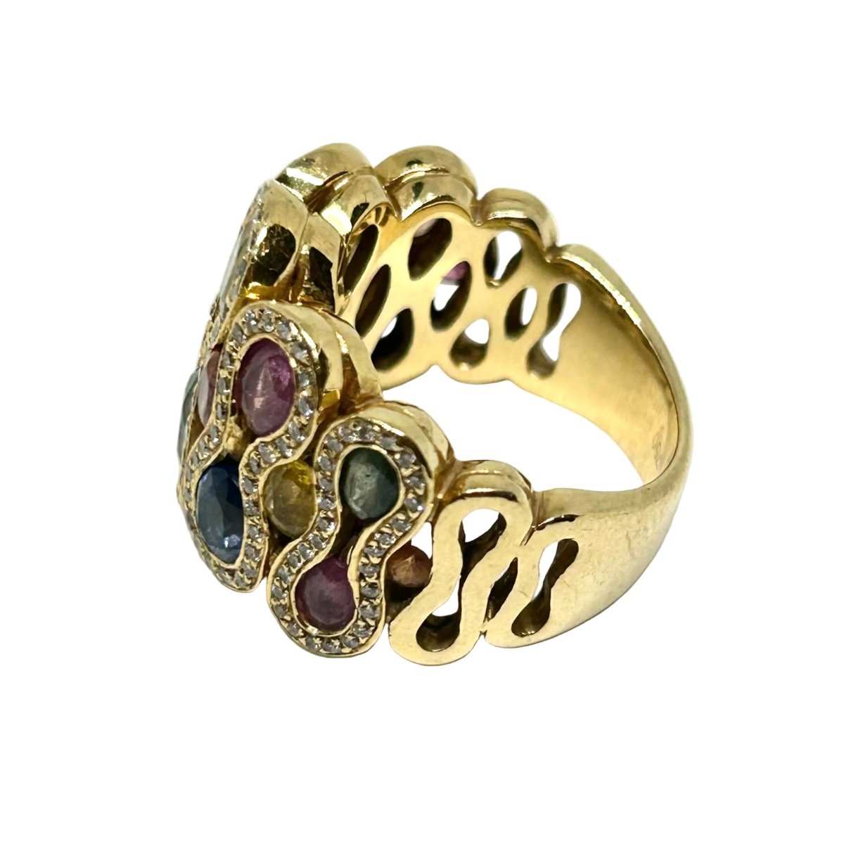 Bague Cocktail WASKOLL WAVE en or jaune, saphirs et diamants - Castafiore