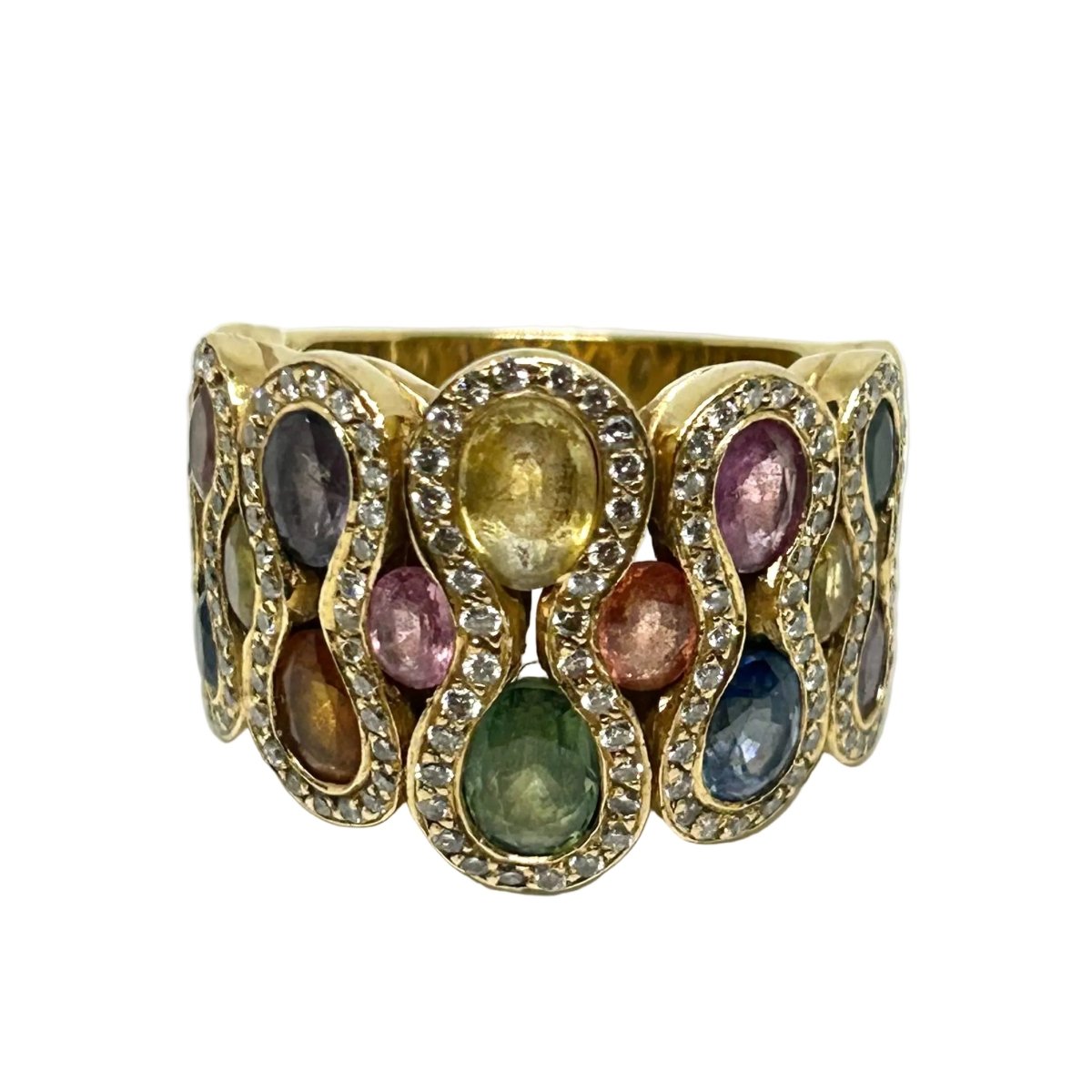 Bague Cocktail WASKOLL WAVE en or jaune, saphirs et diamants - Castafiore