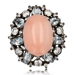 Bague corail peau d'ange aigue - marine et zirconium - Castafiore
