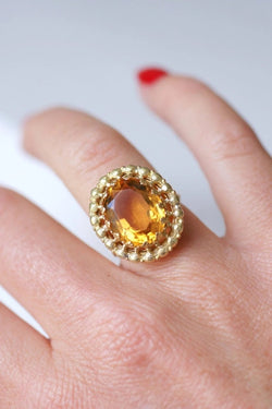 Bague de cocktail ancienne citrine sur or jaune et vert 18Kt - Castafiore