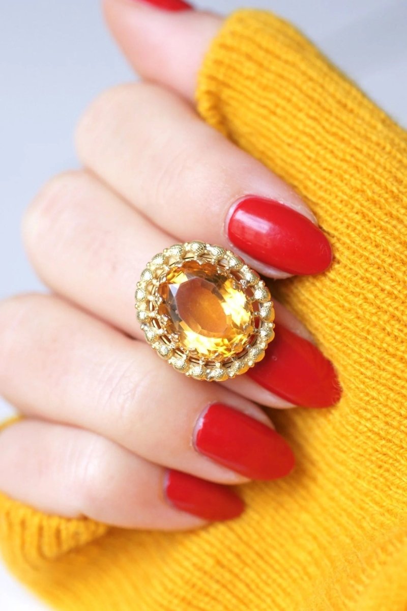 Bague de cocktail ancienne citrine sur or jaune et vert 18Kt - Castafiore
