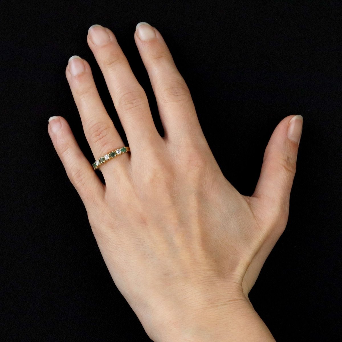 Half emerald wedding band diamonds yellow gold