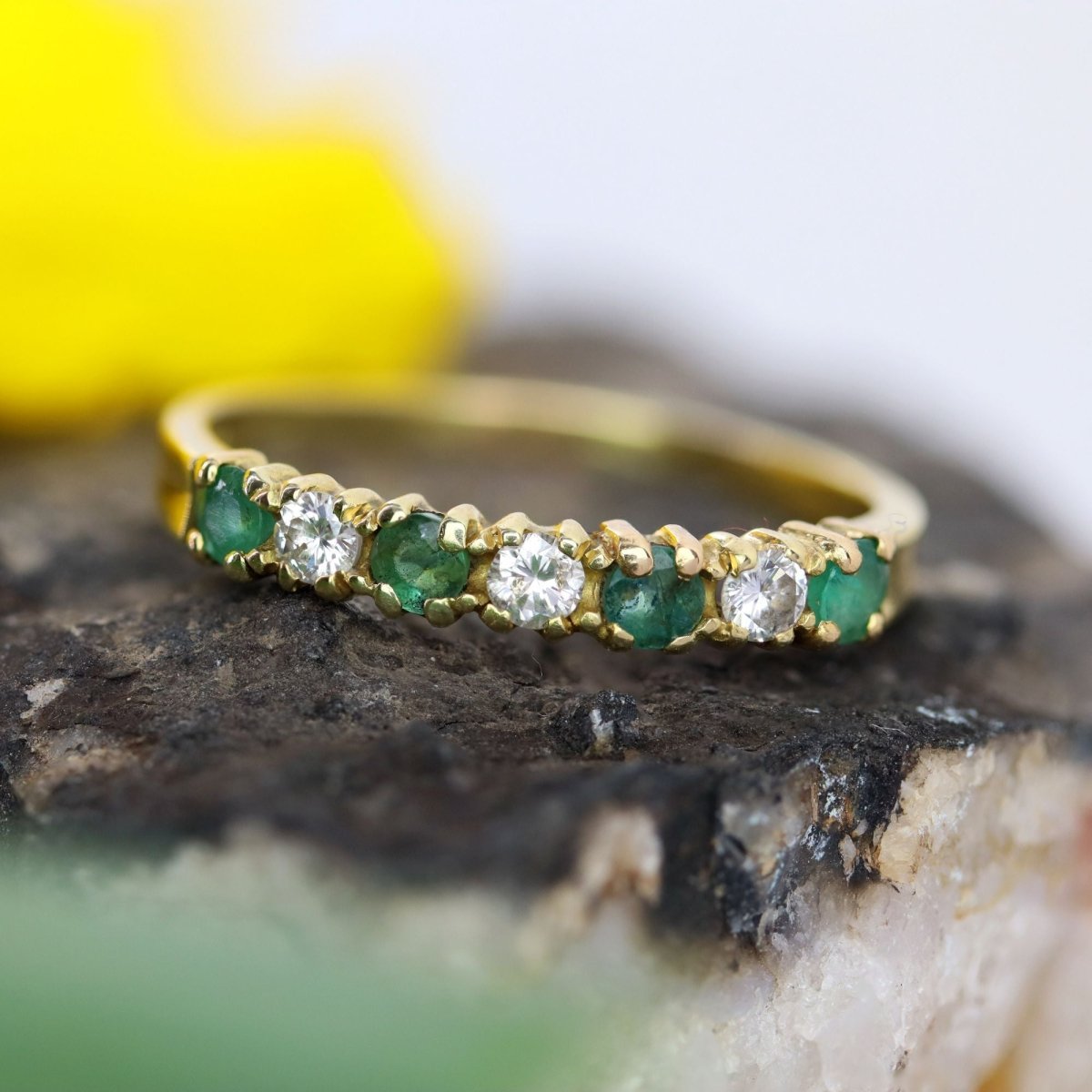 Half emerald wedding band diamonds yellow gold