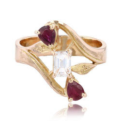 Bague diamant taille baguette et rubis taillés en poire - Castafiore