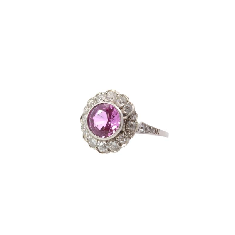 Bague d'occasion saphir rose et diamants en platine - Castafiore