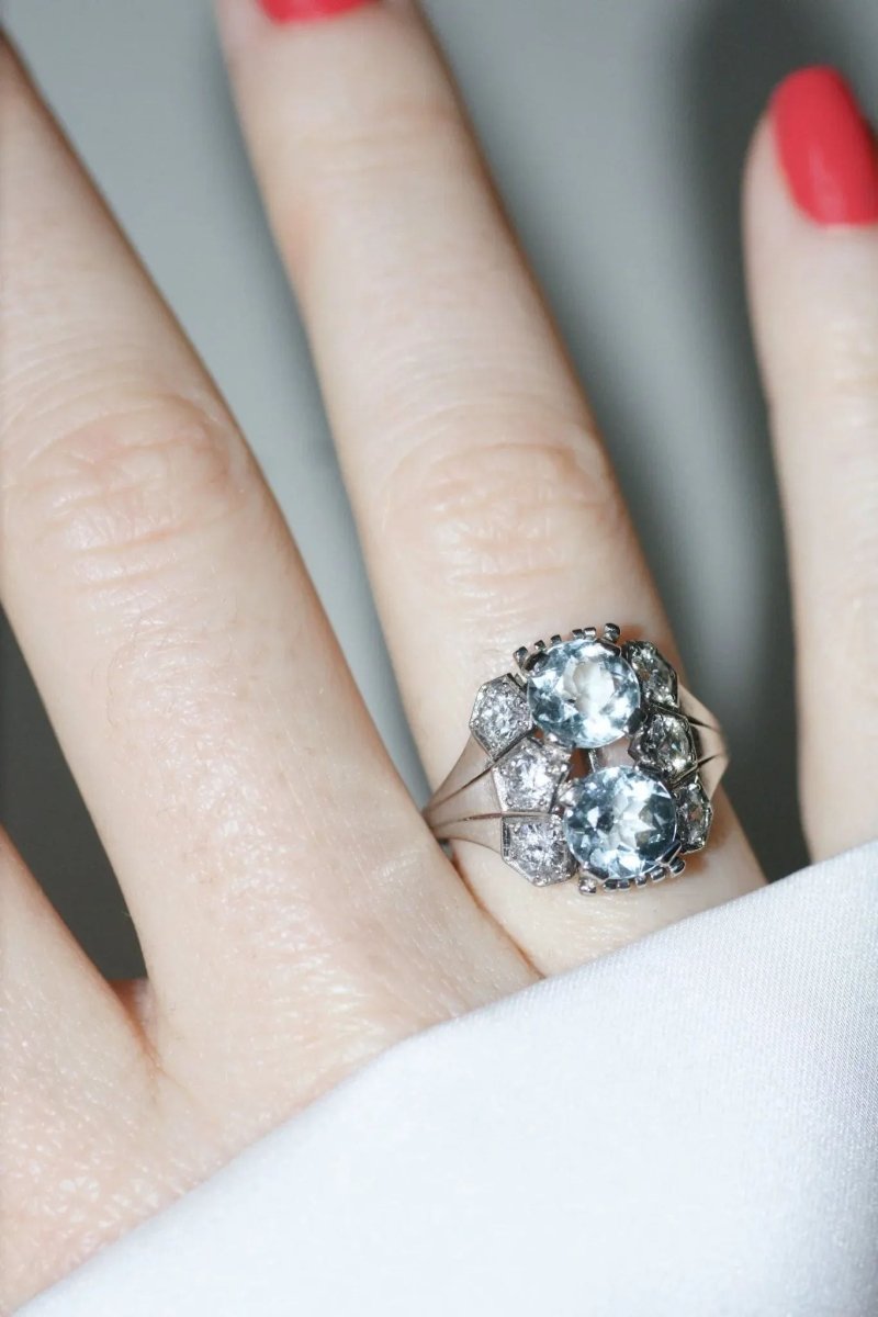 Bague dôme Art Deco aigue - marine et diamant - Castafiore