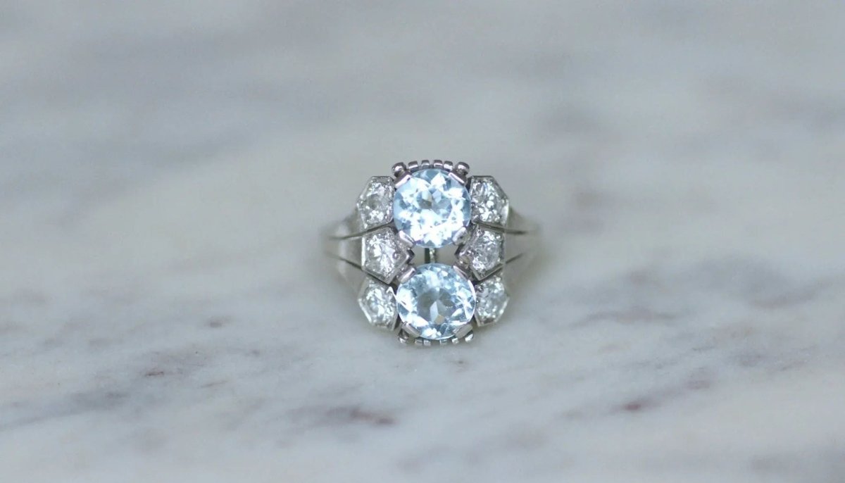 Bague dôme Art Deco aigue - marine et diamant - Castafiore