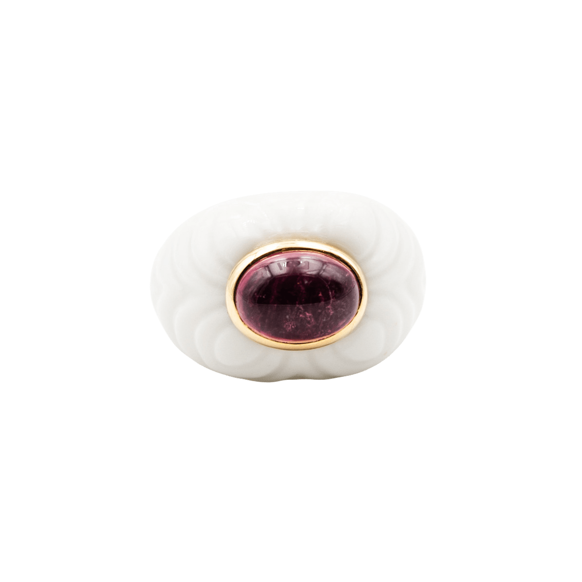 Bague Dôme BULGARI "Chandra" en céramique blanche, or jaune et tourmaline rose - Castafiore