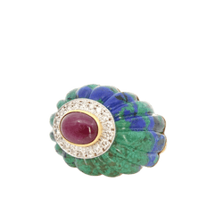 Bague Dôme DAVID WEBB en or jaune, malachite, rubis et diamants - Castafiore