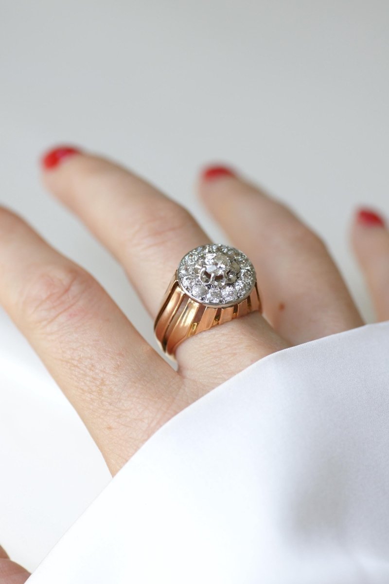 Bague Dôme Diamants 2,40 Cts Or rose et Platine Années 40 - Castafiore