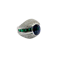 Bague Dôme en or blanc, émeraude, saphir et diamants - Castafiore